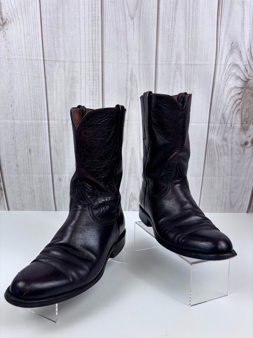 Vintage Lucchese Leather Cowboy Western Roper Boots P0134 Black Cherry Sz 8E - Picture 3 of 15
